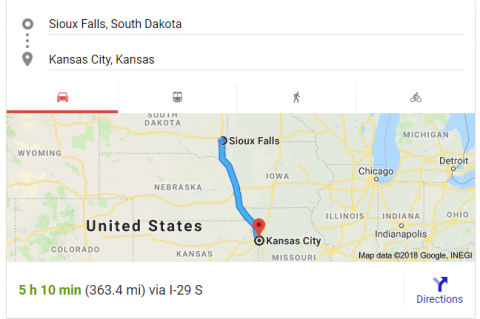 Route from Sioux Falls to Kansas City